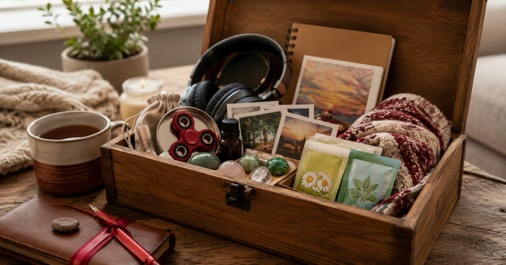 An open coping toolbox filled with comforting sensory items, including a soft blanket, tea, mint candies, photos, art, and grounding objects on a warm table.