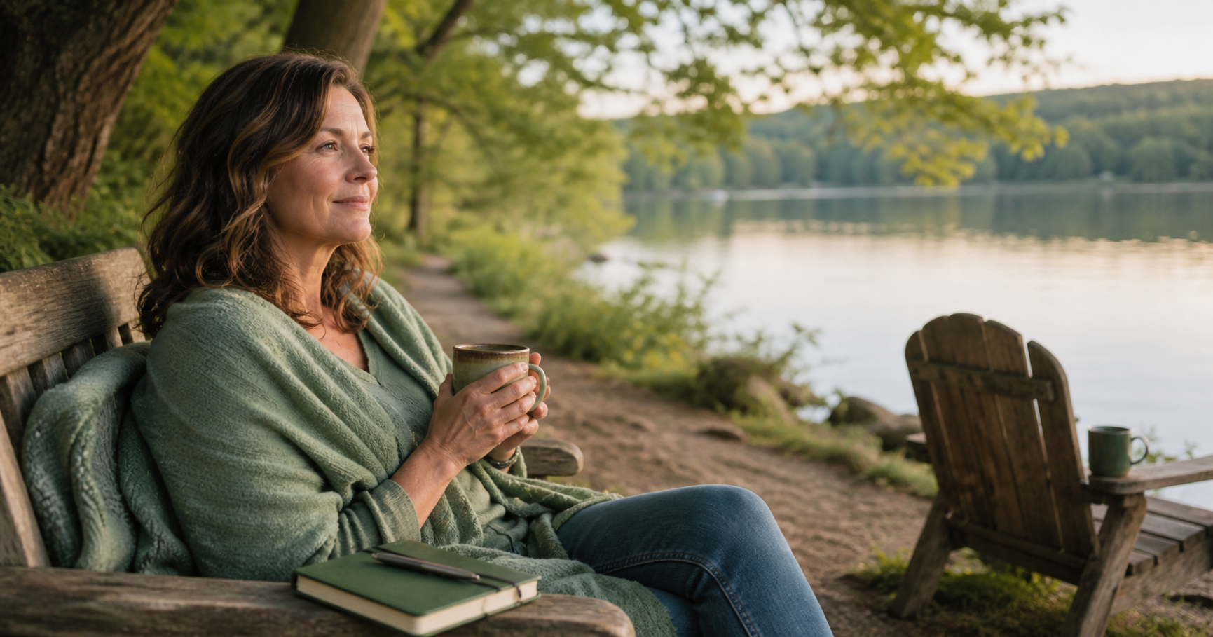 A calm reflective image with soft green tones showing a woman sitting by a peaceful lake, representing love, connection, compassion, trust, boundaries, and staying connected to yourself.