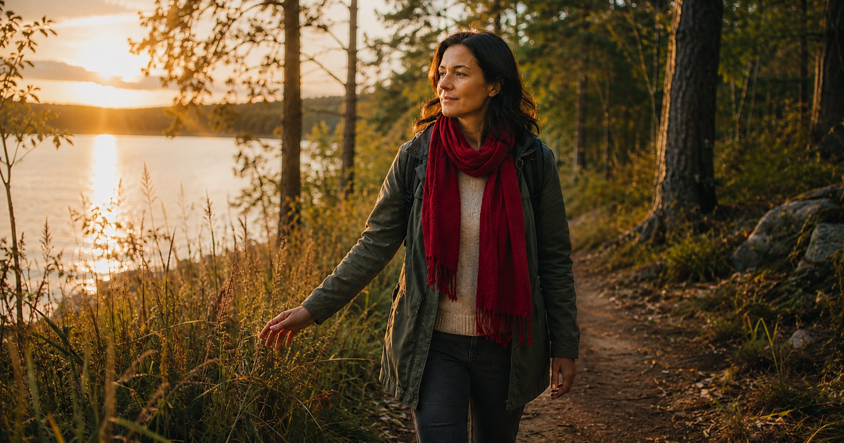 A reflective adult sitting quietly in a warm, grounded space with subtle red accents, journaling in soft natural light and beginning a moment of self-awareness.