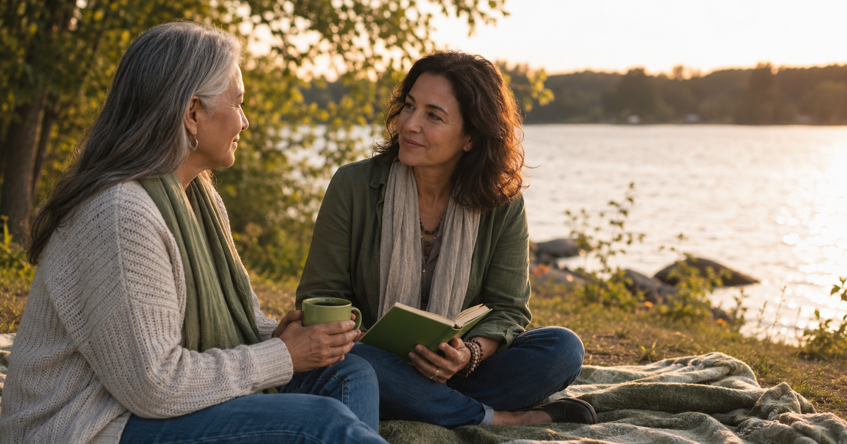 A reflective adult sitting with a warm drink in a calm, softly lit space with subtle green accents, conveying safety, connection, and quiet emotional support.