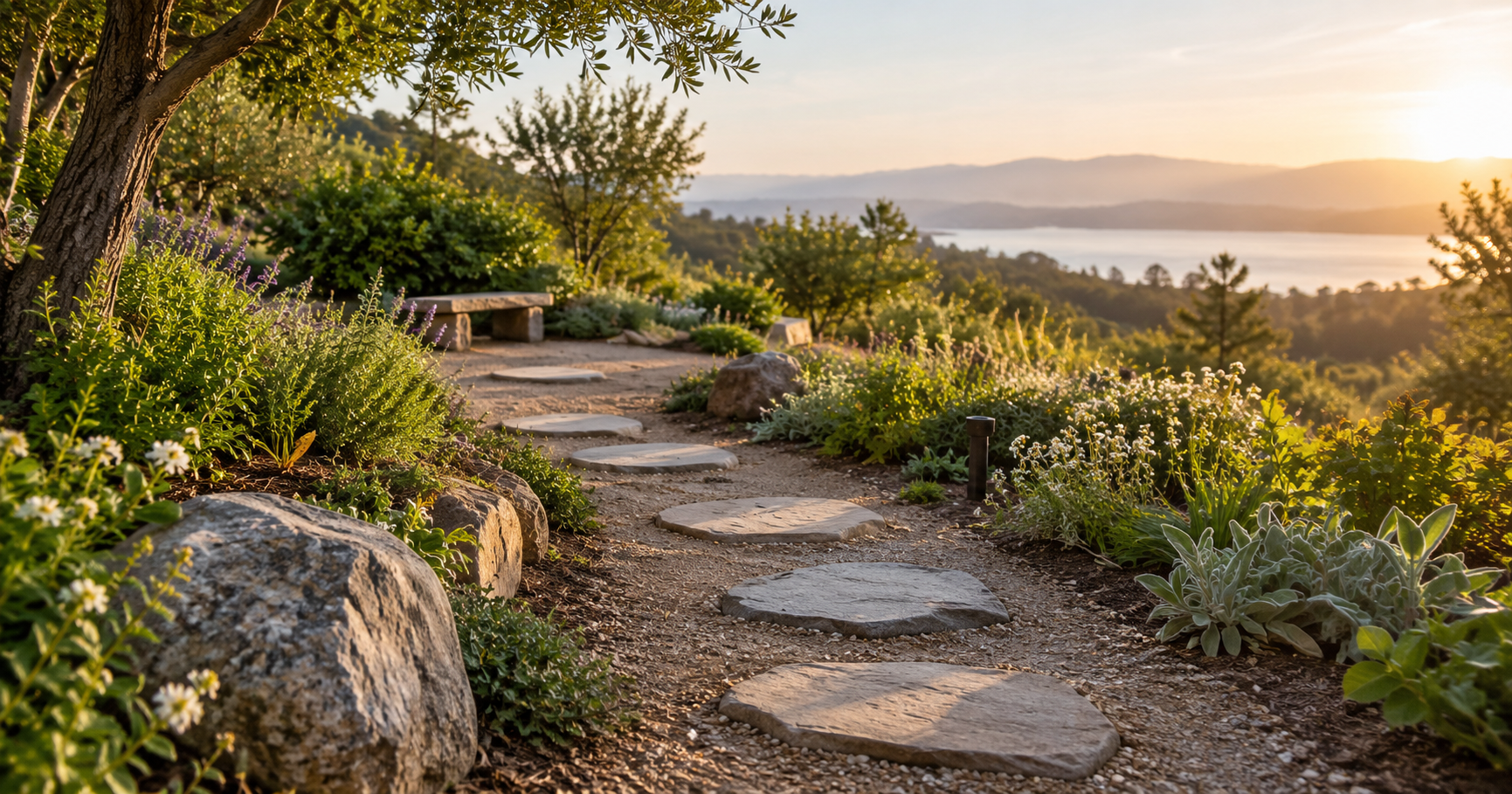 A soft garden path with natural stepping stones in warm light, symbolizing the Return to Self Practice and one small supportive step at a time.