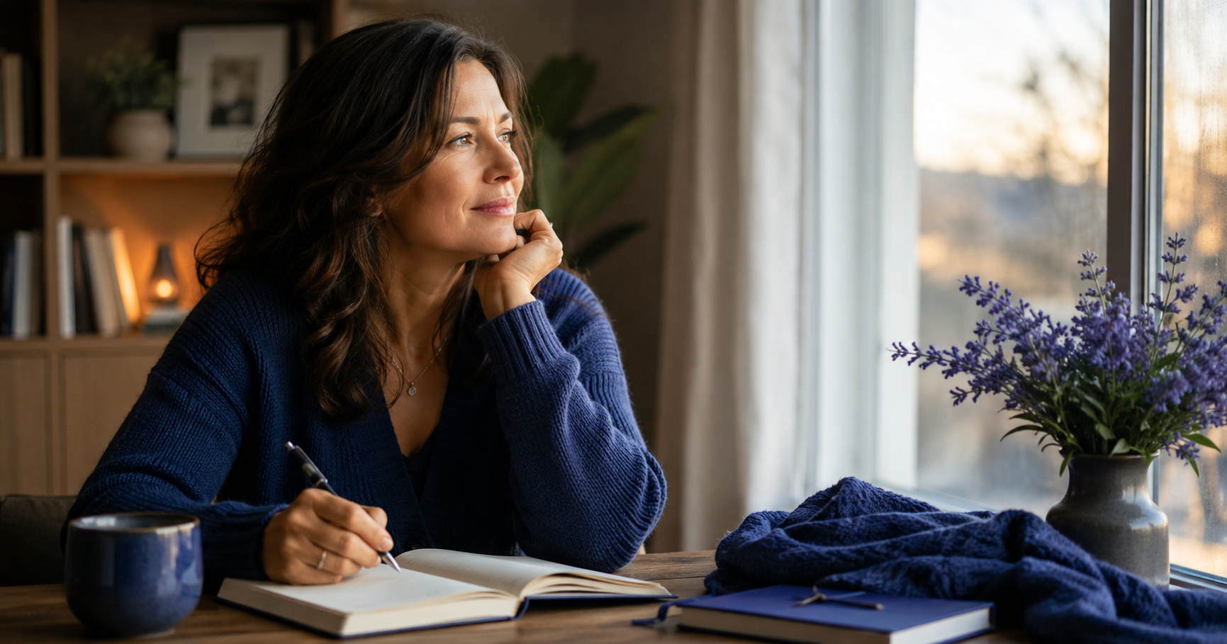 A reflective adult sitting quietly in a calm room with a journal nearby, surrounded by soft indigo accents and warm natural light, symbolizing inner knowing and grounded wisdom.