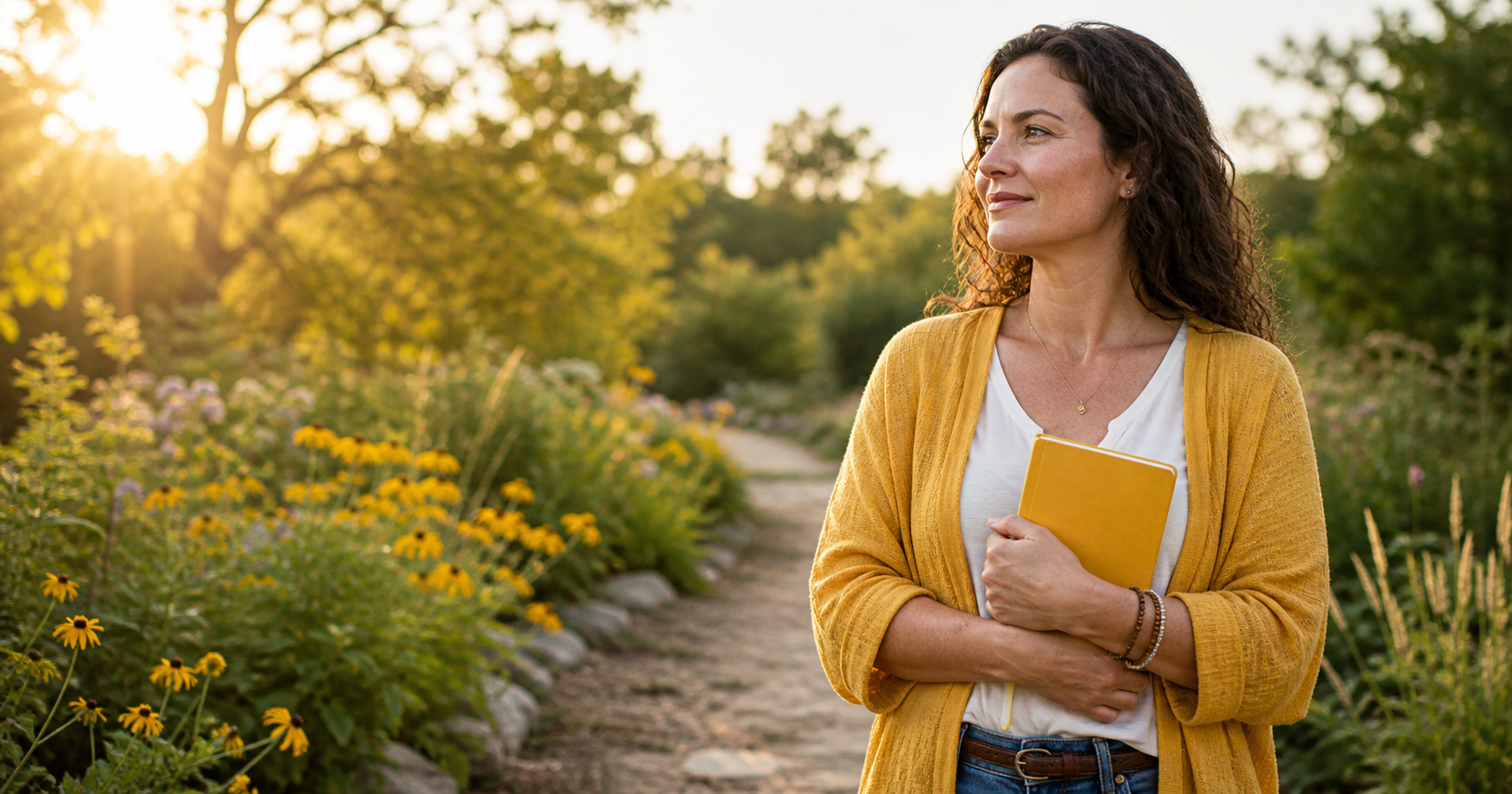 A calm reflective image with soft yellow tones showing a woman standing in a sunlit garden holding a yellow journal, representing confidence, self-trust, personal power, and strengthening your inner fire.