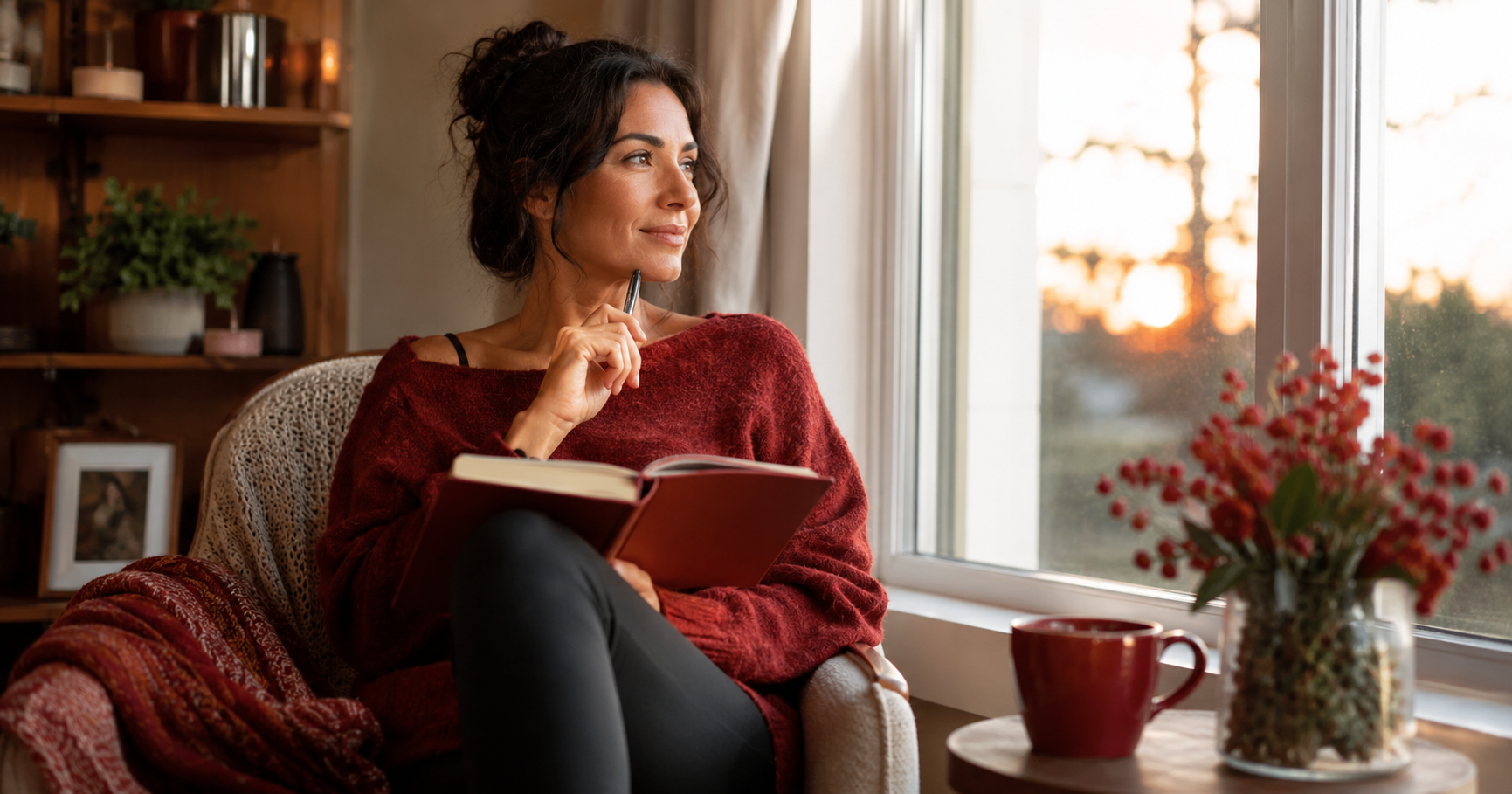 A reflective adult standing near a window in warm natural light with subtle red accents, appearing grounded, calm, and connected to themselves.