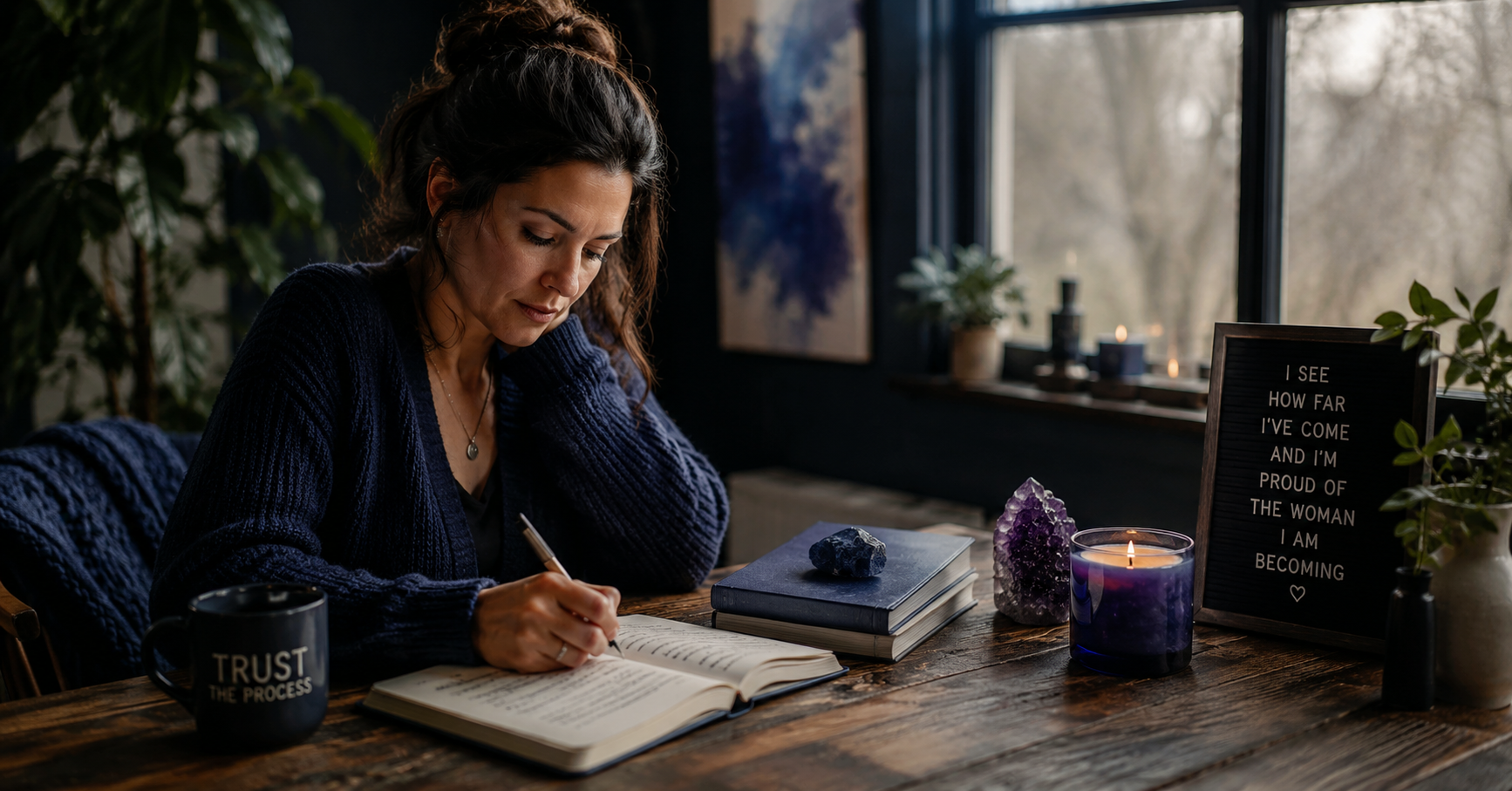 A reflective adult sitting near a window with a journal, surrounded by soft indigo accents, warm light, and a calm atmosphere of thoughtful self-reflection.