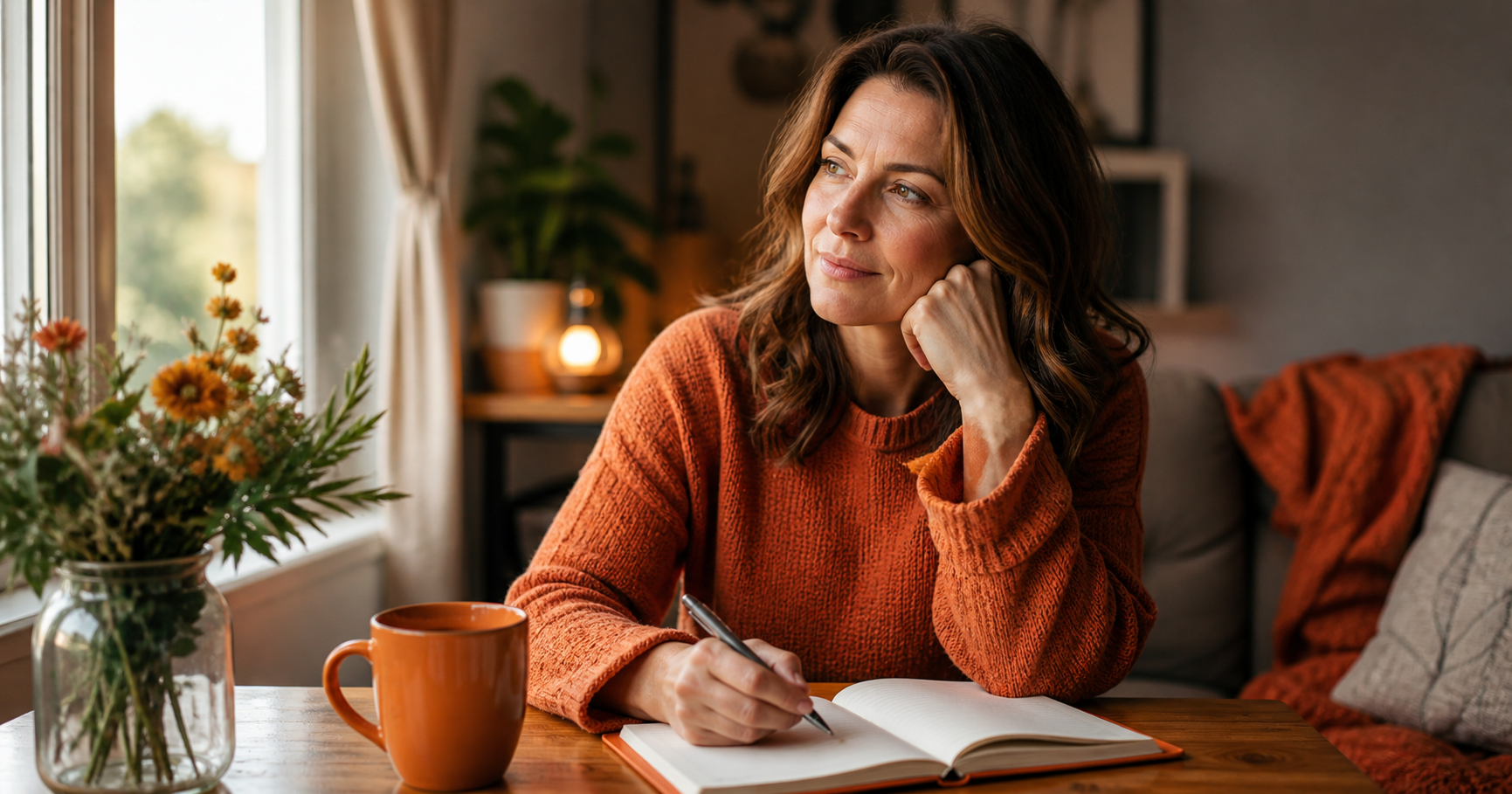 A reflective adult sitting with a journal in a warm, softly lit space with subtle orange accents, symbolizing intention, movement, and grounded self-trust.