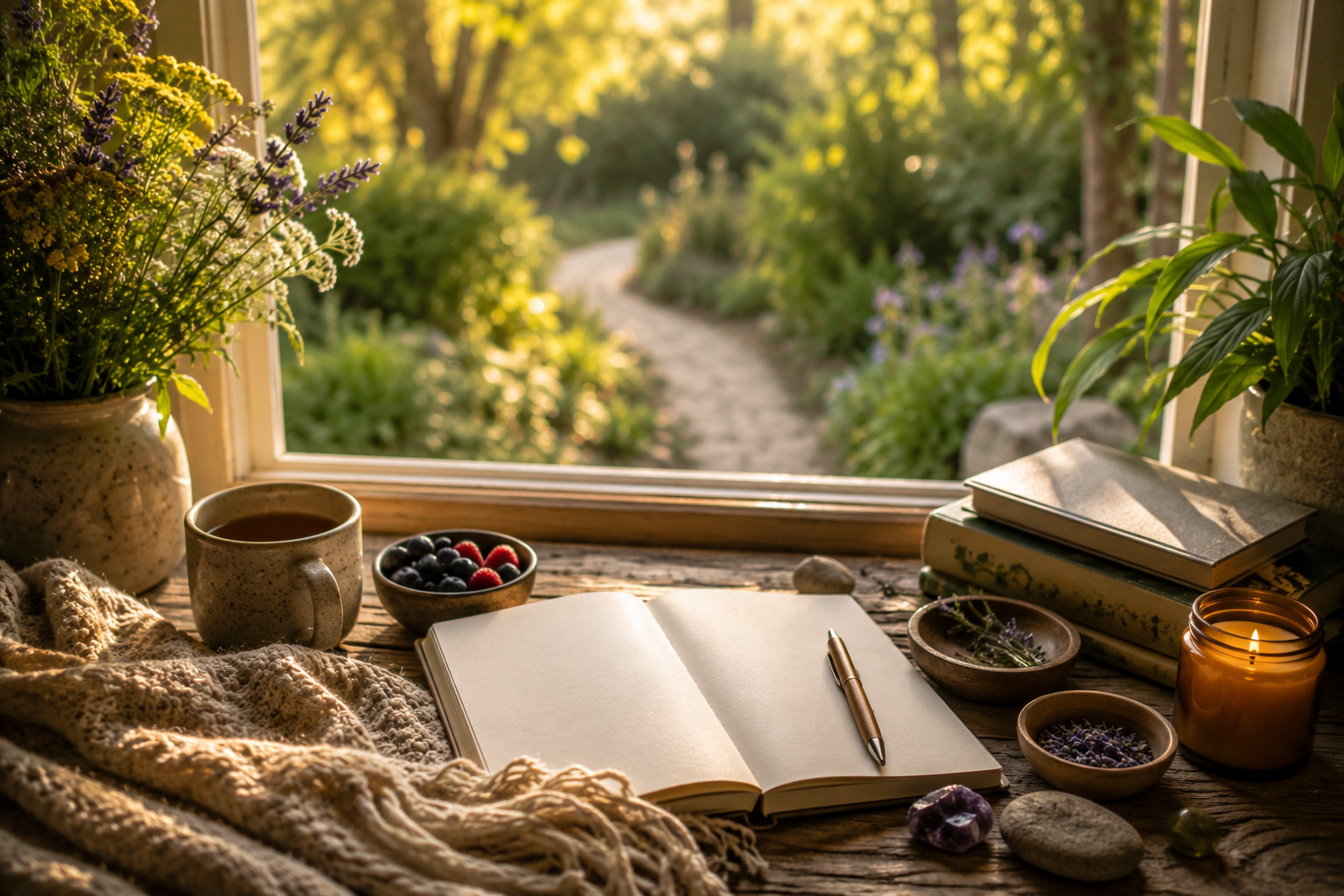 A calm, sunlit table near a window with tea, a journal, textured fabric, fruit, flowers, and a soft garden path in the background, symbolizing whole-self awareness and self-trust.