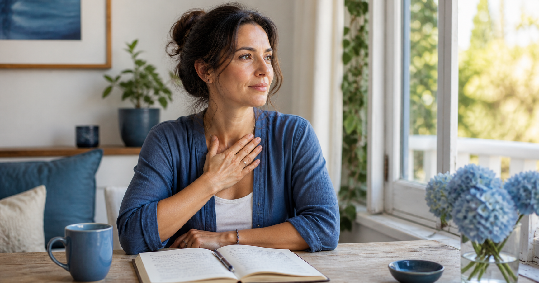 A calm reflective image with soft blue tones representing speaking your truth, communication, boundaries, self-trust, and reconnecting with your voice through the Return to Self healing journey.