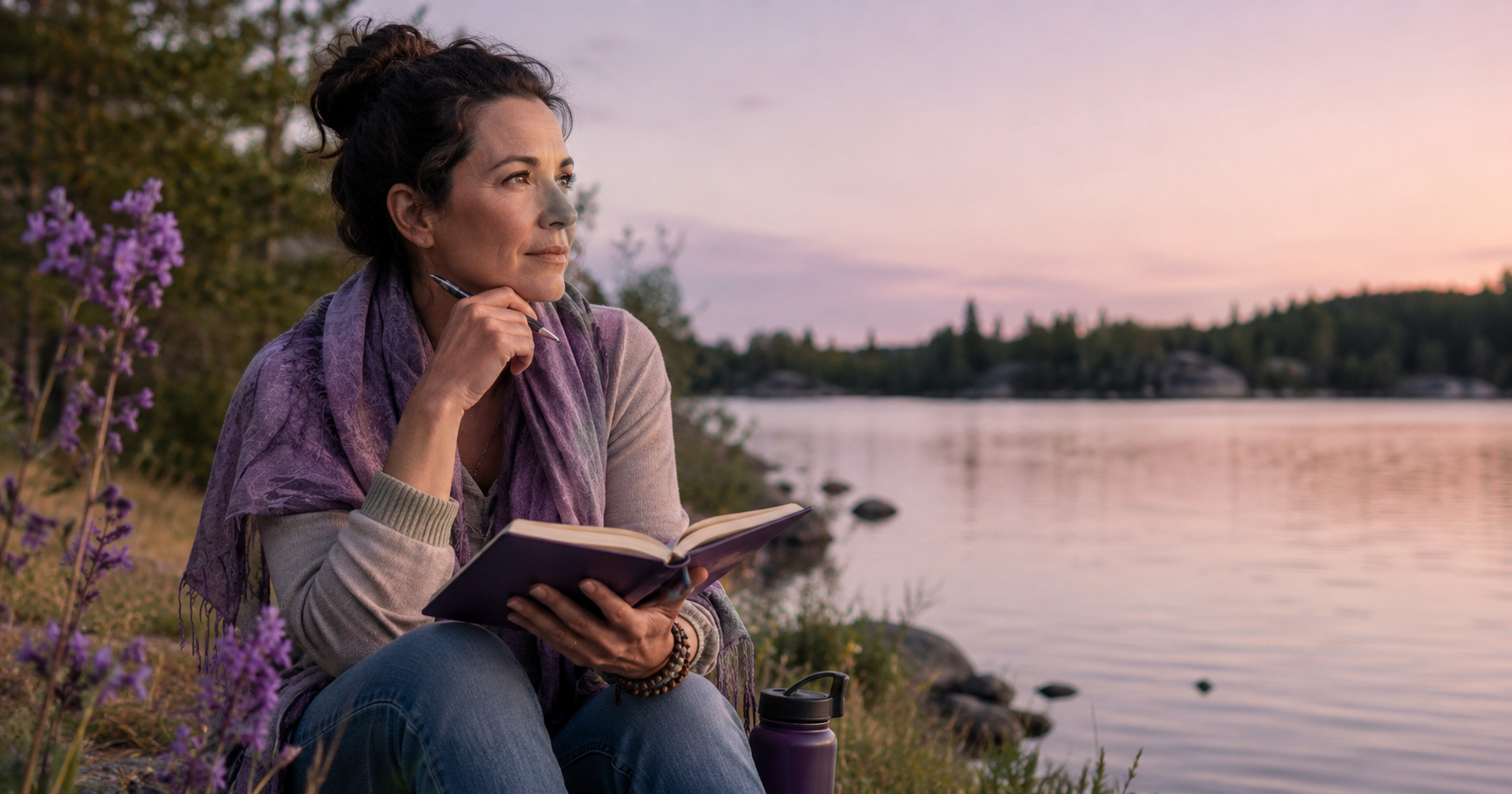 A reflective adult sitting quietly near a window with a journal, surrounded by soft violet accents and warm natural light, pausing in a calm moment of inner reflection.