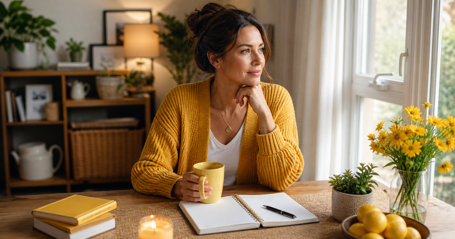 A calm reflective image with soft yellow tones representing abundance, security, stability, support, responsibility, and rebuilding a sense of enoughness through the Return to Self healing journey.